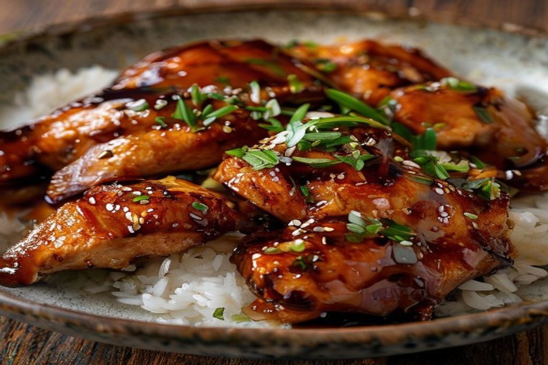 Plato de jugoso pollo teriyaki glaseado con miel de caña, servido con arroz blanco y espolvoreado con sésamo