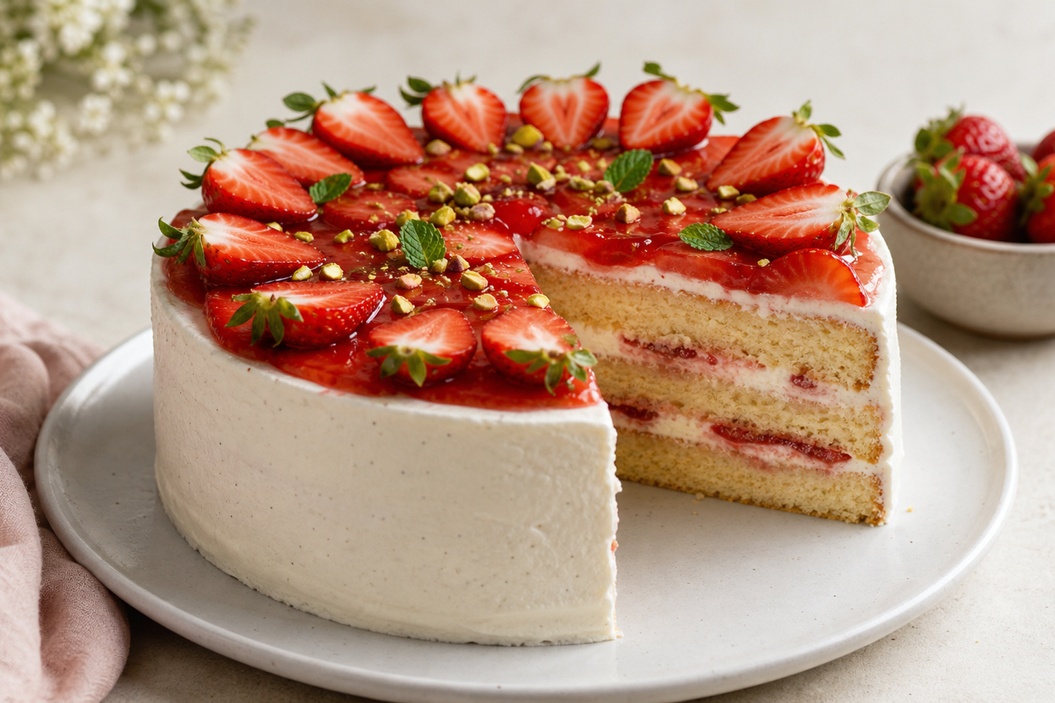 Pastel decorado con fresas